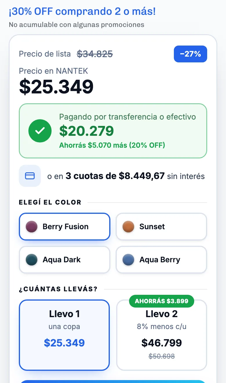 Bloque de precio de la copa: 30 % OFF comprando 2 o más arriba, y más abajo la opción Llevo 2 con 8 % menos cada una
