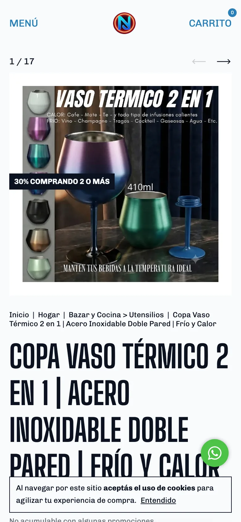 Primera pantalla de la ficha de la copa en un celular: foto, migas de pan y título largo en mayúsculas; el precio no aparece