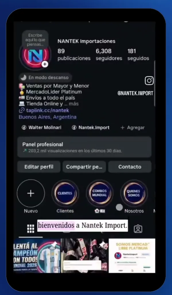 Captura del perfil de Instagram de Nantek dentro de la portada, con la etiqueta En modo descanso y el botón Editar perfil
