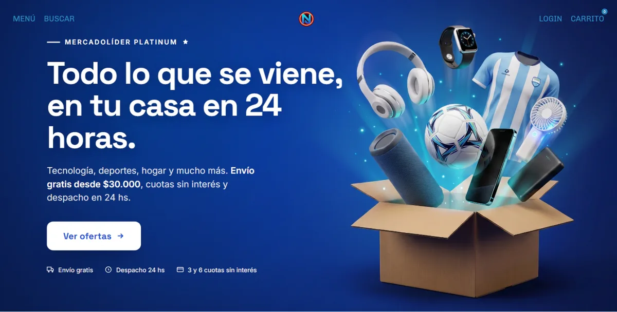 Portada de la tienda en escritorio: fondo azul, título Todo lo que se viene, en tu casa en 24 horas, y una caja de la que salen auriculares, reloj, celular, parlante, camiseta de la Selección y pelota