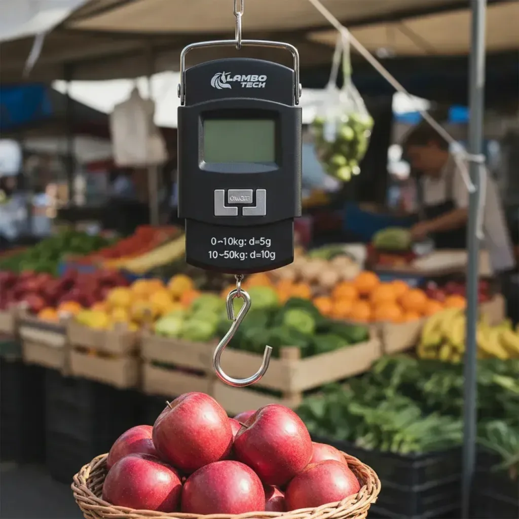 Balanza de gancho pesando frutas en una feria