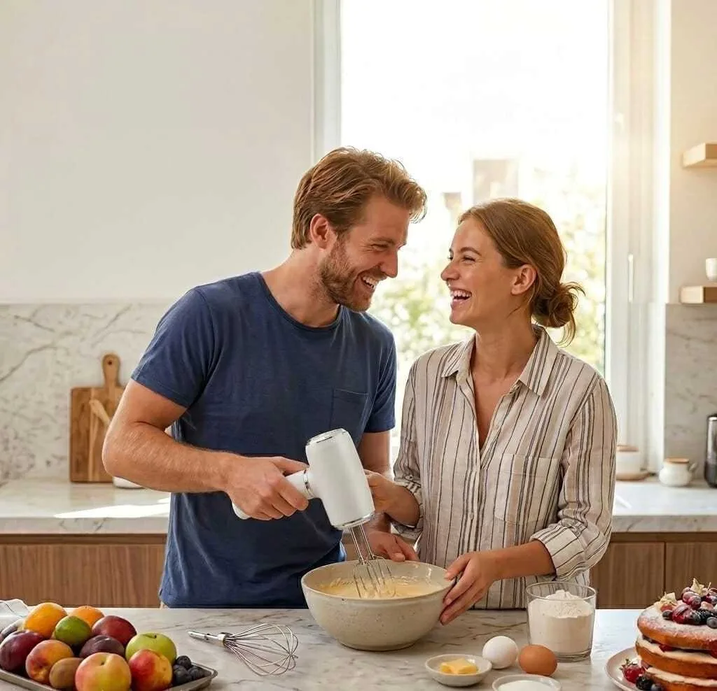 Pareja cocinando con la batidora inalámbrica en la cocina