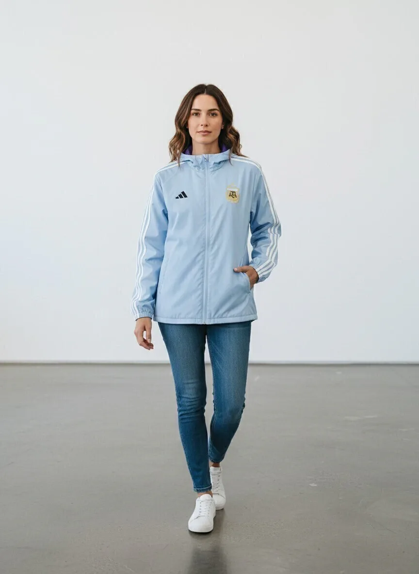 Mujer con la campera reversible del lado celeste