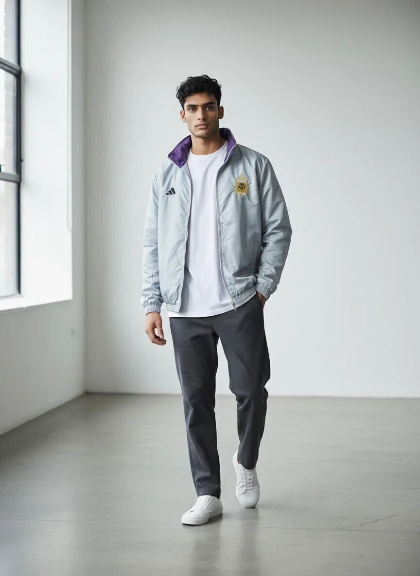 Hombre con la campera reversible puesta