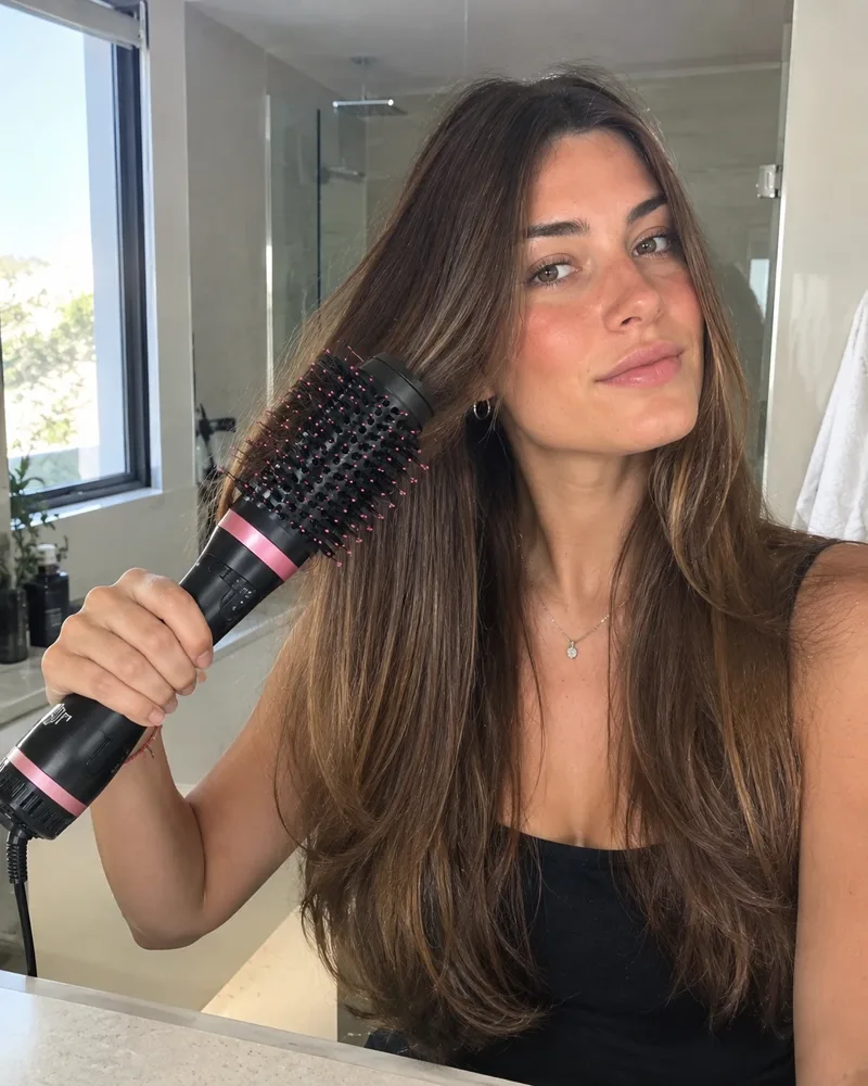 Mujer de pelo castaño peinándose con el cepillo 3 en 1