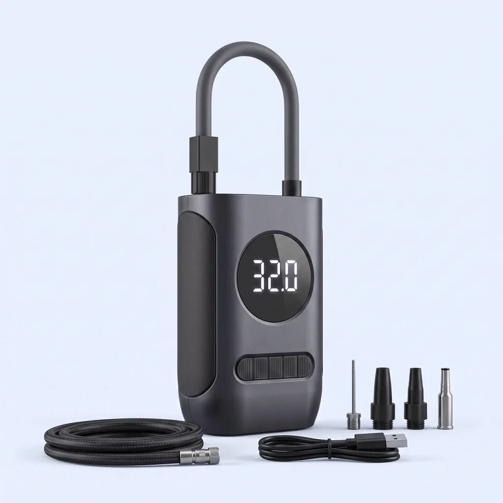 Compresor portátil con su manguera, cable y picos