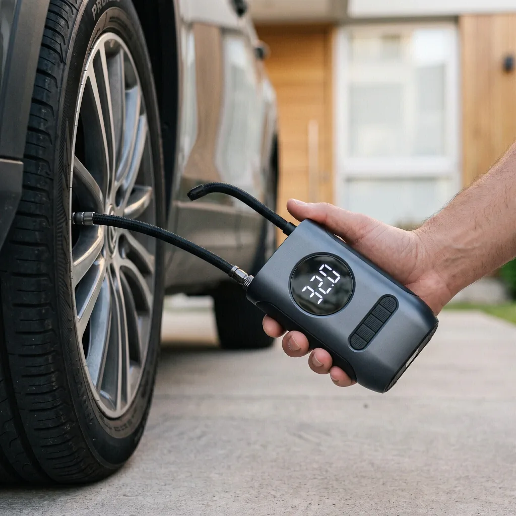 Compresor portátil inflando la rueda de un auto