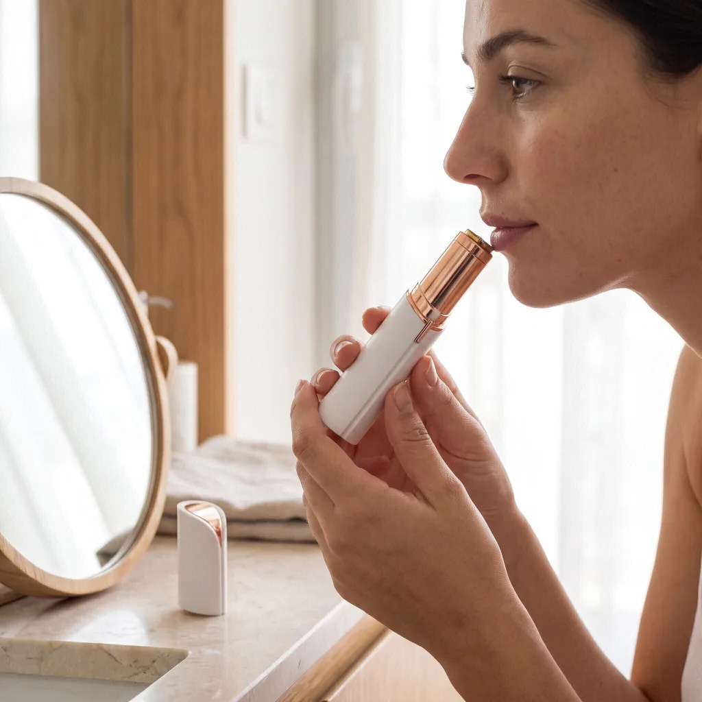 Mujer usando la depiladora facial frente al espejo