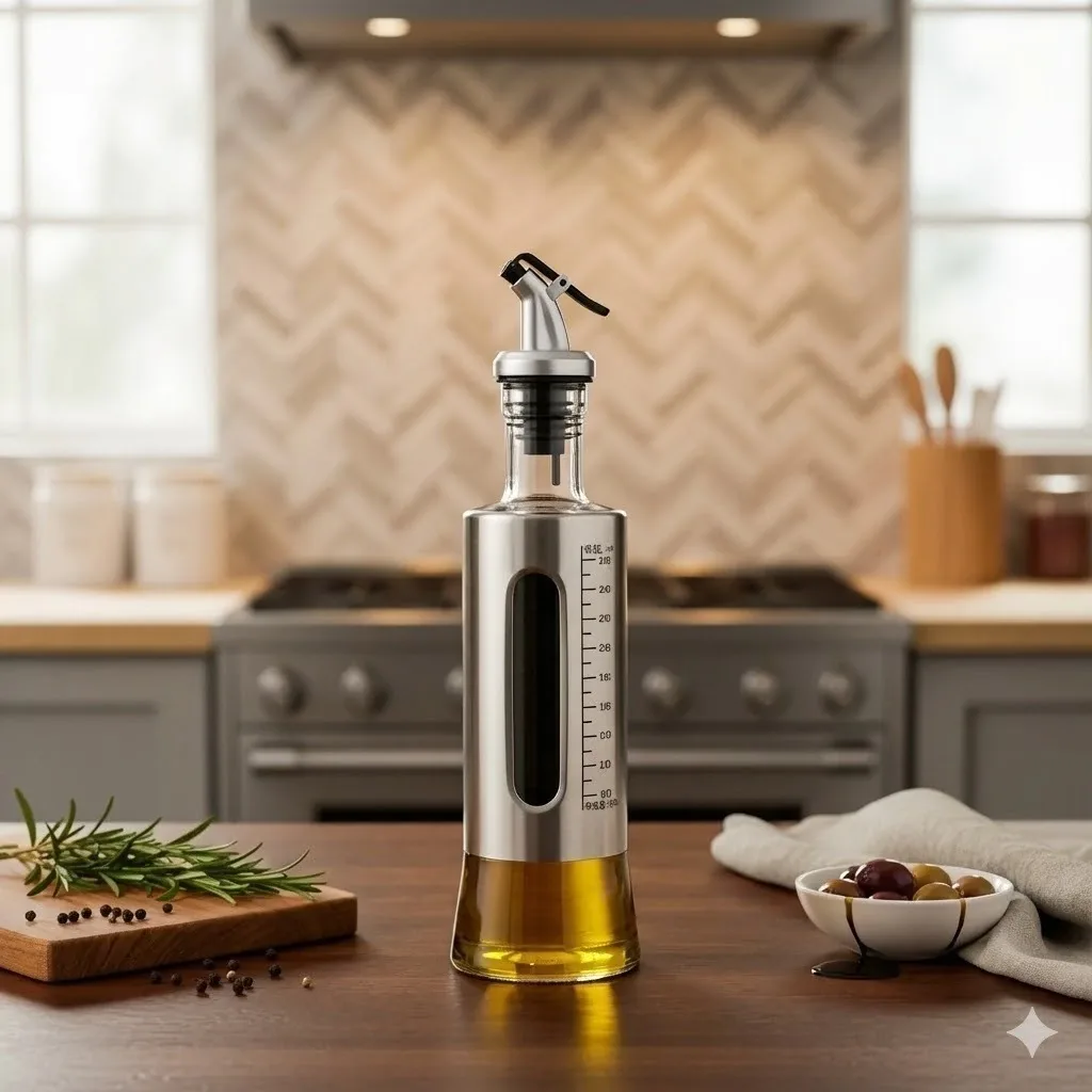 Dispensador de aceite de acero y vidrio en una cocina