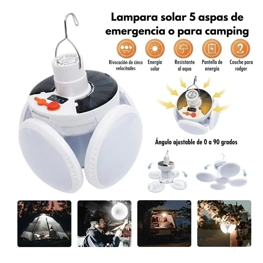 Lámpara solar de 5 aspas en el camping
