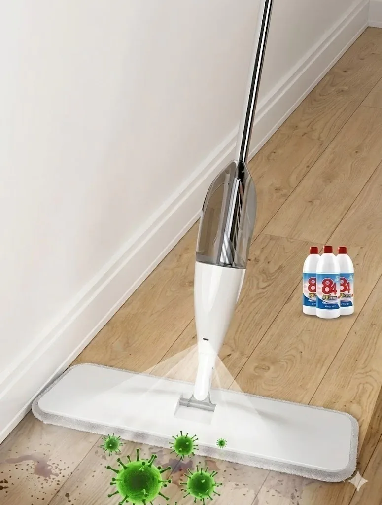 Mopa spray blanca limpiando el piso