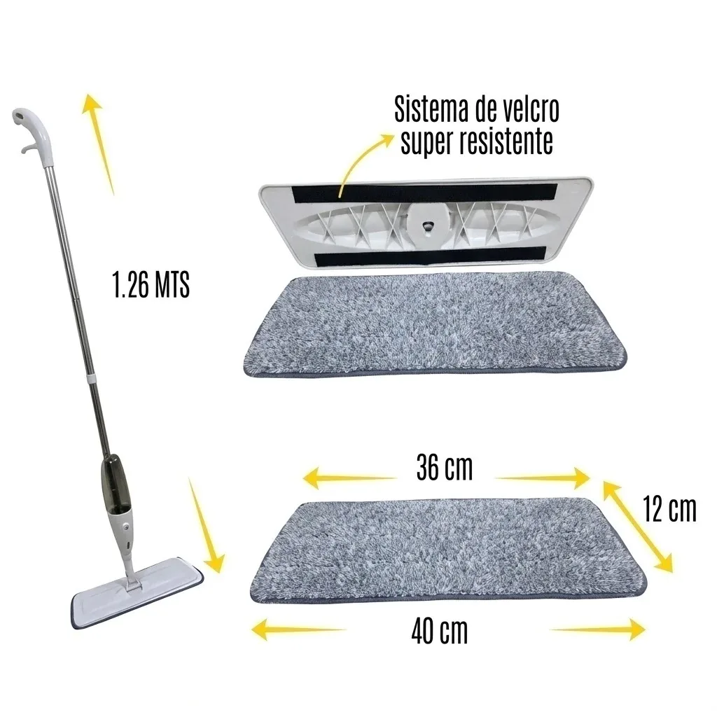 Mopa spray con sus medidas y paño de microfibra