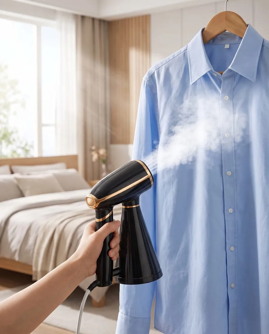 Plancha a vapor vertical usada sobre una camisa colgada