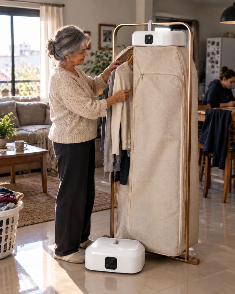 Señora usando la secadora portátil en su casa