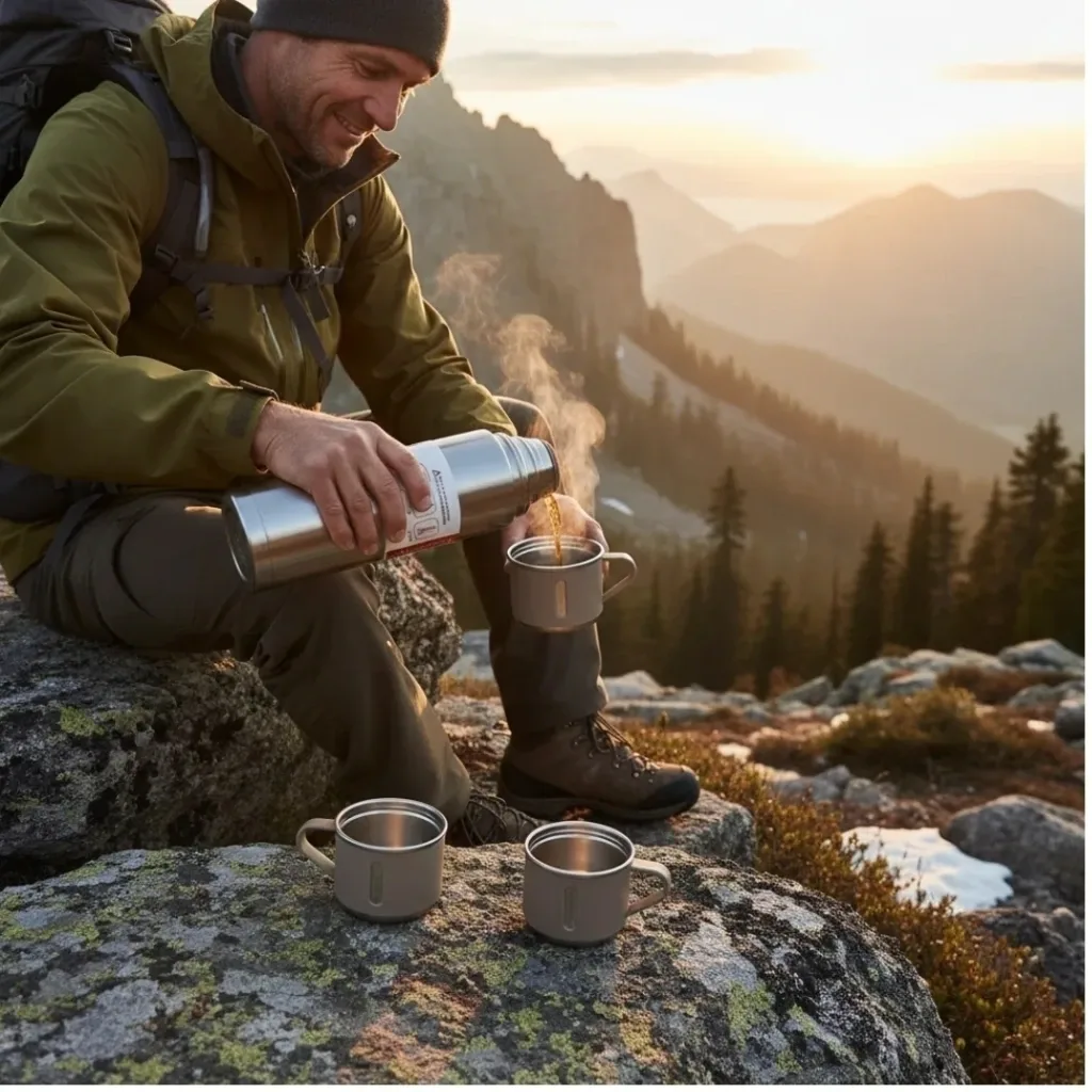 Termo de acero sirviendo café al aire libre